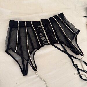 Rhinestone Black Mesh lace-up garter Sz S